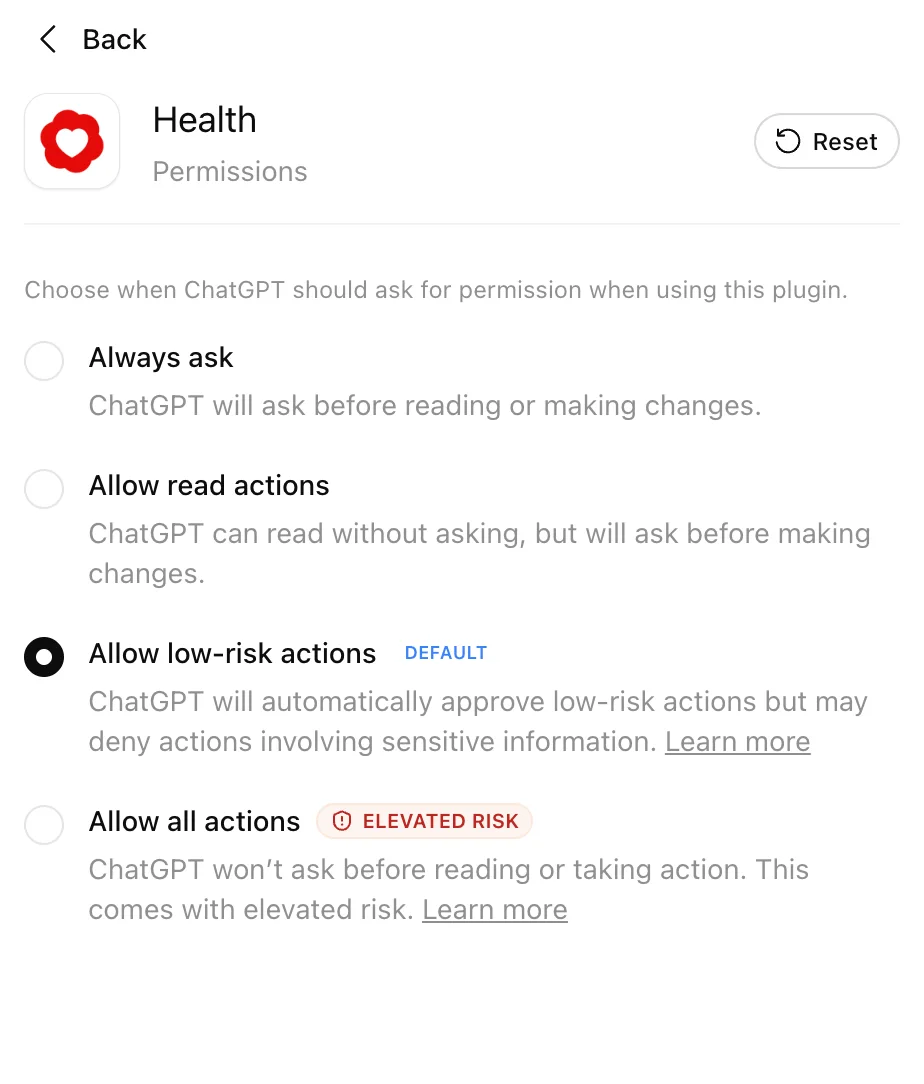Health permissions showing Always ask, Allow read actions, Allow low-risk actions selected as the default, and Allow all actions marked as elevated risk.