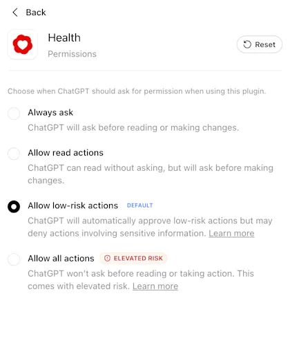 Health permissions showing Always ask, Allow read actions, Allow low-risk actions selected as the default, and Allow all actions marked as elevated risk.