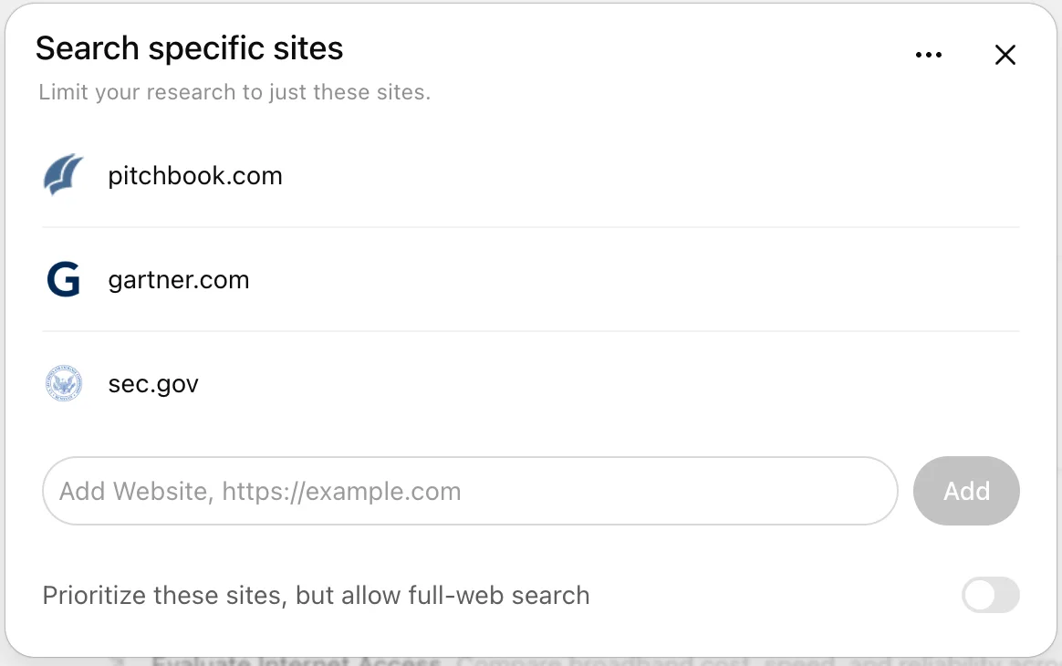 ChatGPT deep research Search specific sites panel with added domains and a full-web search prioritization toggle