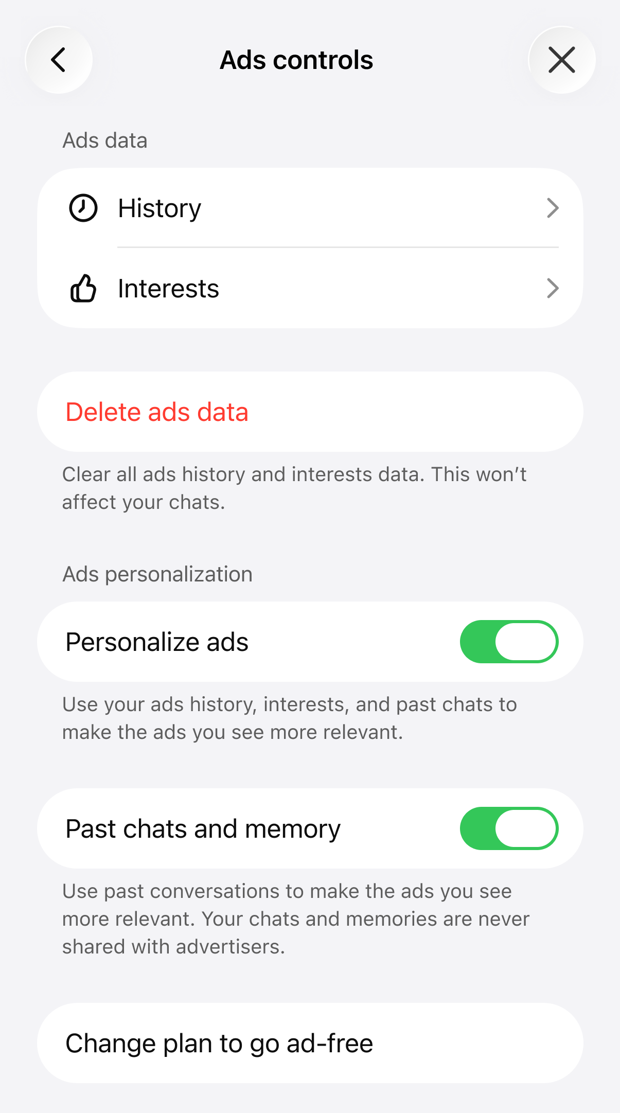 ChatGPT iOS Ads controls with Personalize ads and Past chats and memory enabled