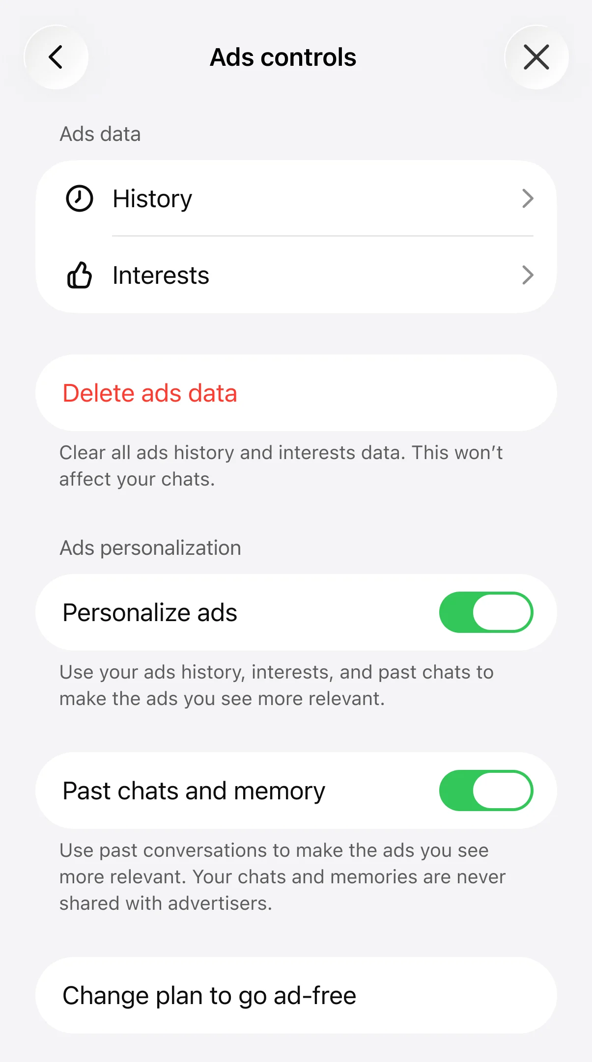 ChatGPT iOS Ads controls with Personalize ads and Past chats and memory enabled