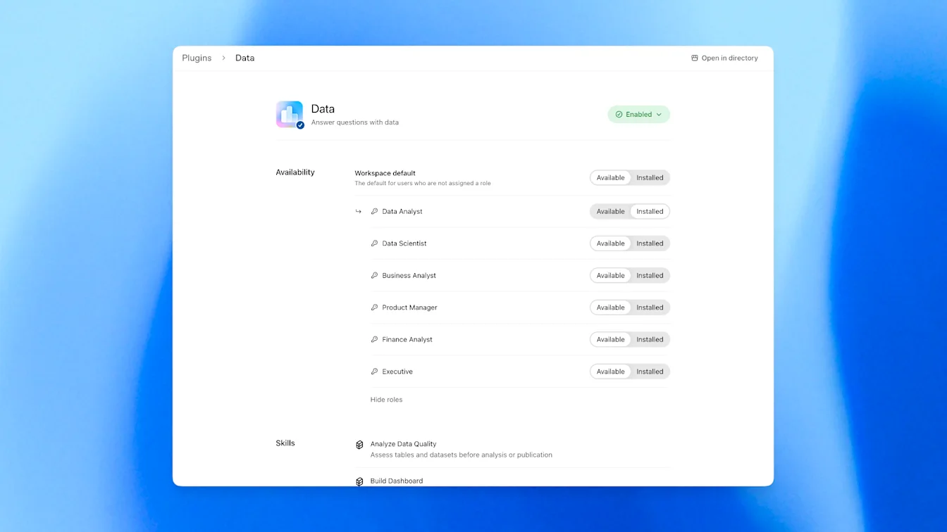 Data plugin settings showing workspace availability and installation choices for individual roles.
