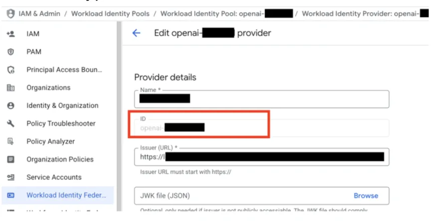 GCP Workload Identity Provider edit page with the provider ID field highlighted