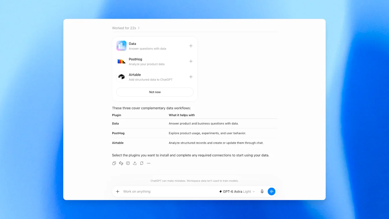 A conversation offers Data, PostHog, and Airtable plugins with installation controls.