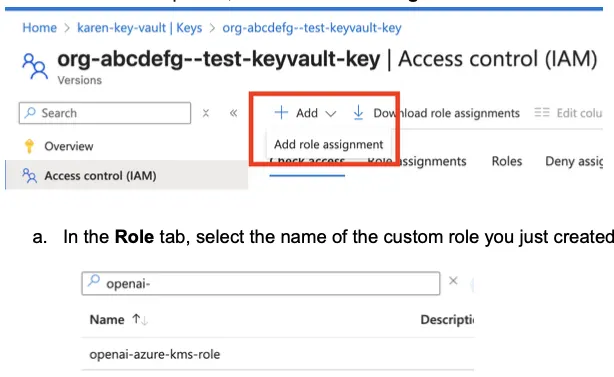 Azure Key Vault Access control (IAM) page with Add menu open to Add role assignment