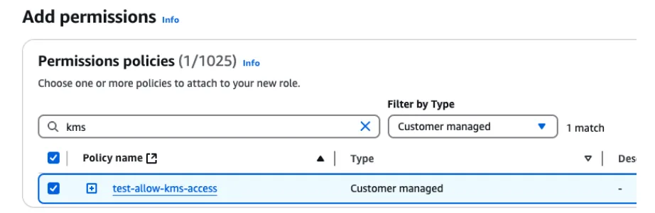 AWS IAM Add permissions page filtered to customer managed KMS policies with test-allow-kms-access selected