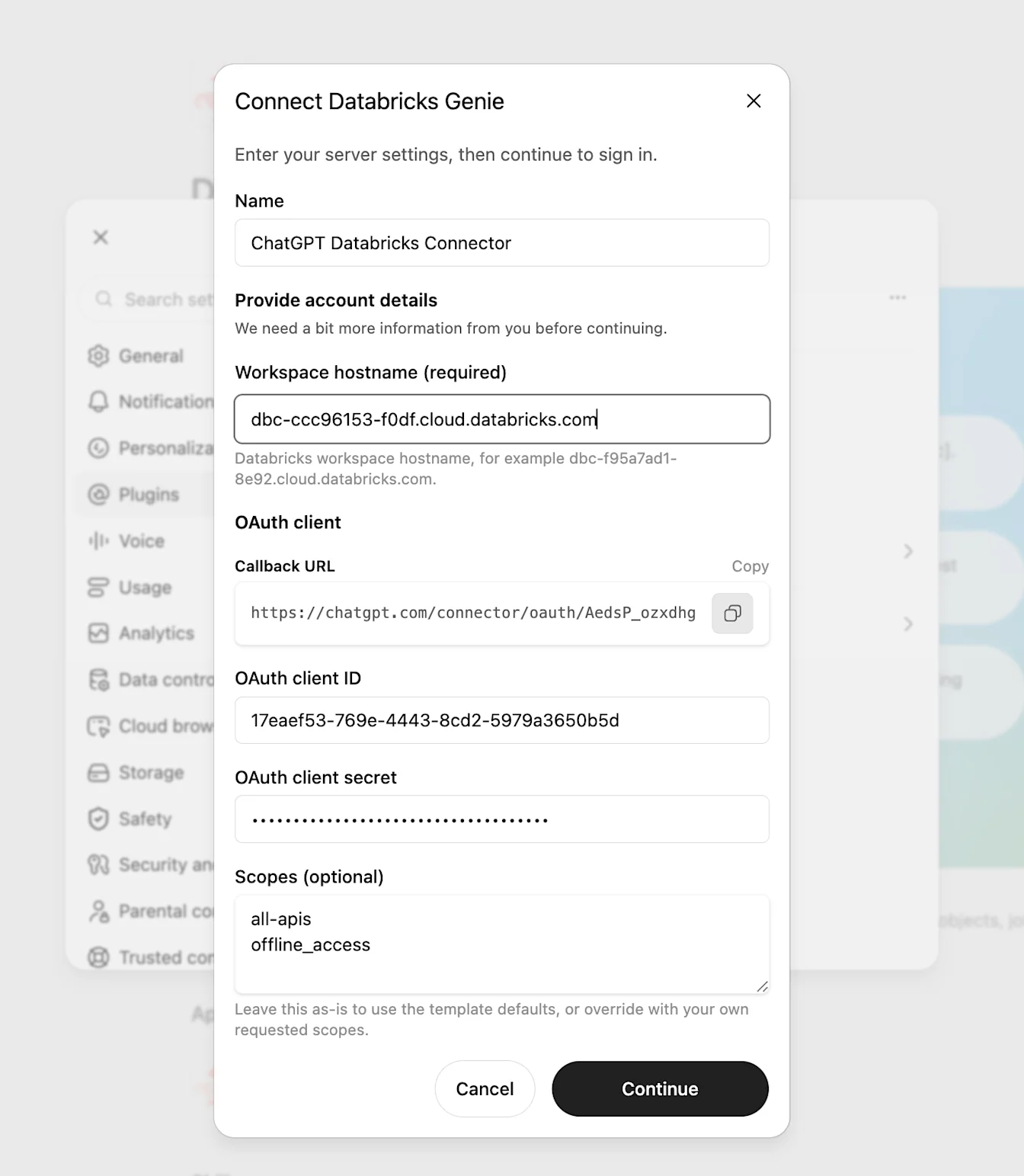 ChatGPT Connect Databricks Genie dialog showing a mock workspace hostname, mock client ID, masked secret, and scopes.