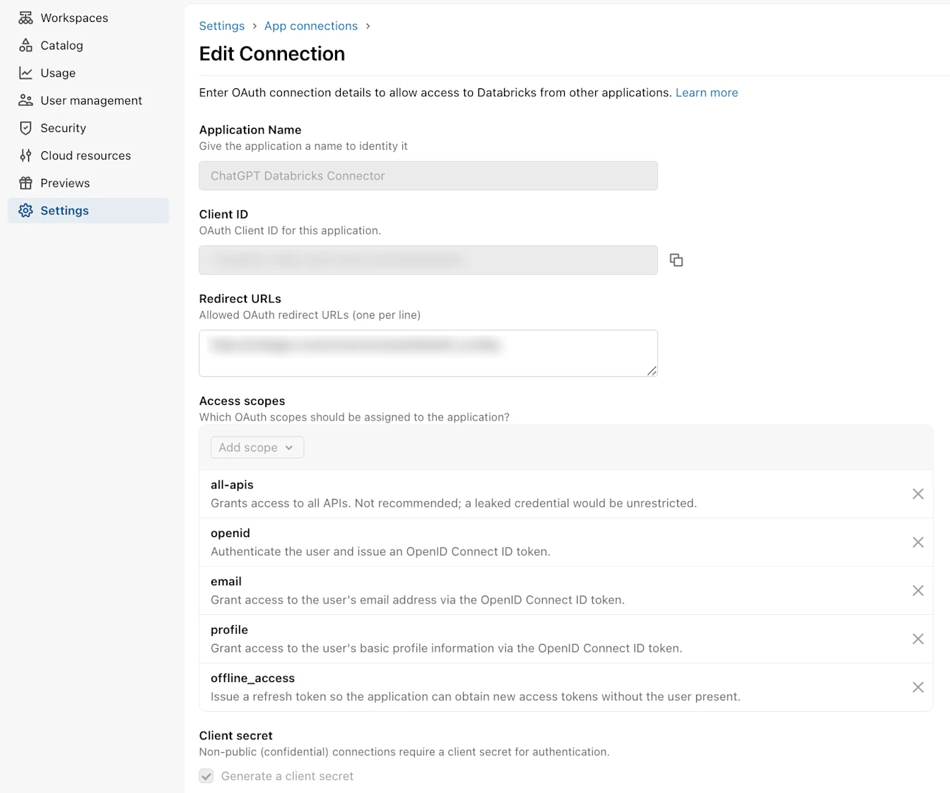 Databricks OAuth connection settings showing redacted client ID and redirect URL, access scopes, and the client-secret option.