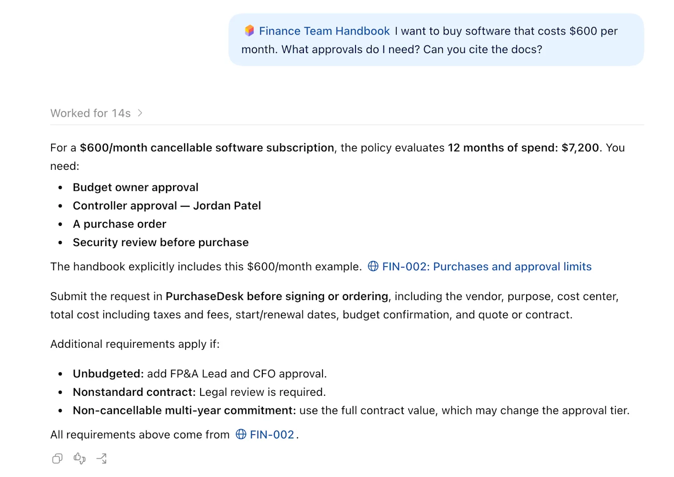 ChatGPT answering a purchasing-policy question using a Finance Team Handbook plugin.