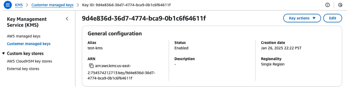 AWS KMS customer managed key details page with key ID and ARN for test-kms
