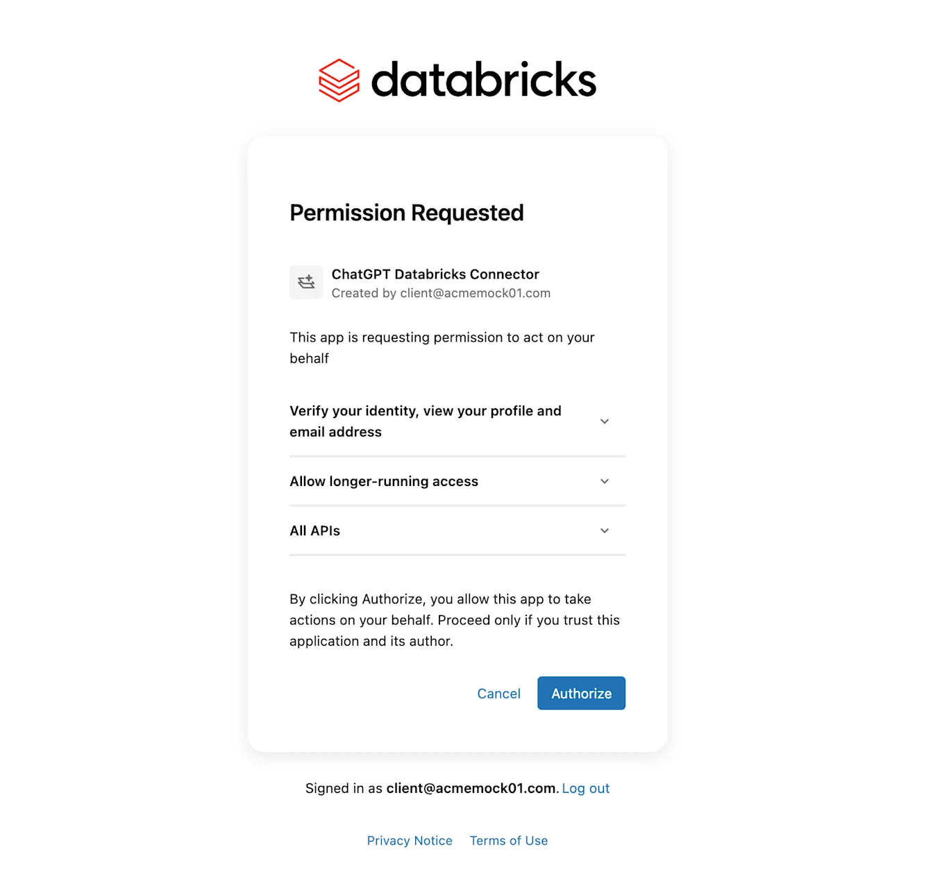 Databricks permission request for a mock ChatGPT Databricks Connector showing requested access and the Authorize button.
