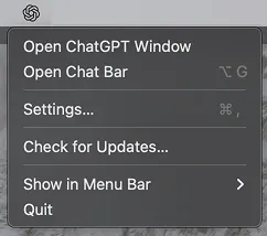 ChatGPT desktop app menu with Open Chat Bar option