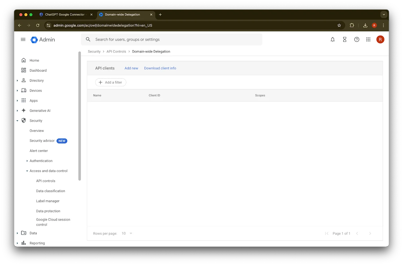 Google Admin Domain-wide Delegation page with API clients list and Add new option