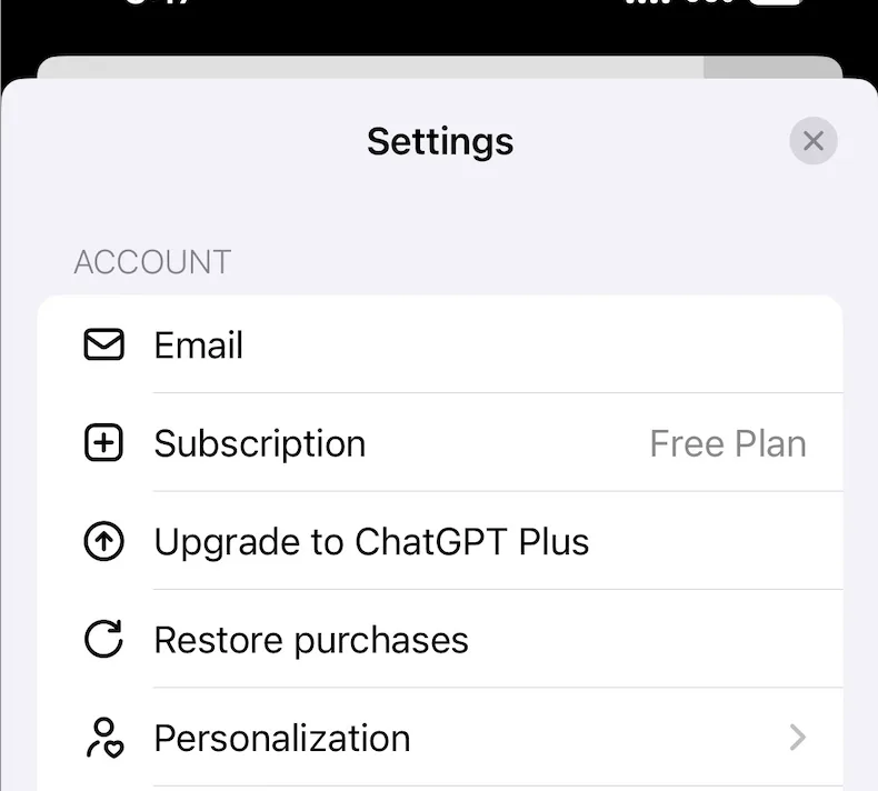 ChatGPT iOS Settings with Subscription set to Free Plan and an Upgrade to ChatGPT Plus option
