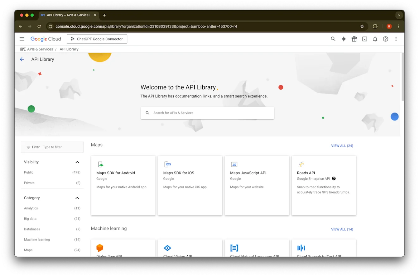 Google Cloud API Library page with the ChatGPT Google Connector project selected
