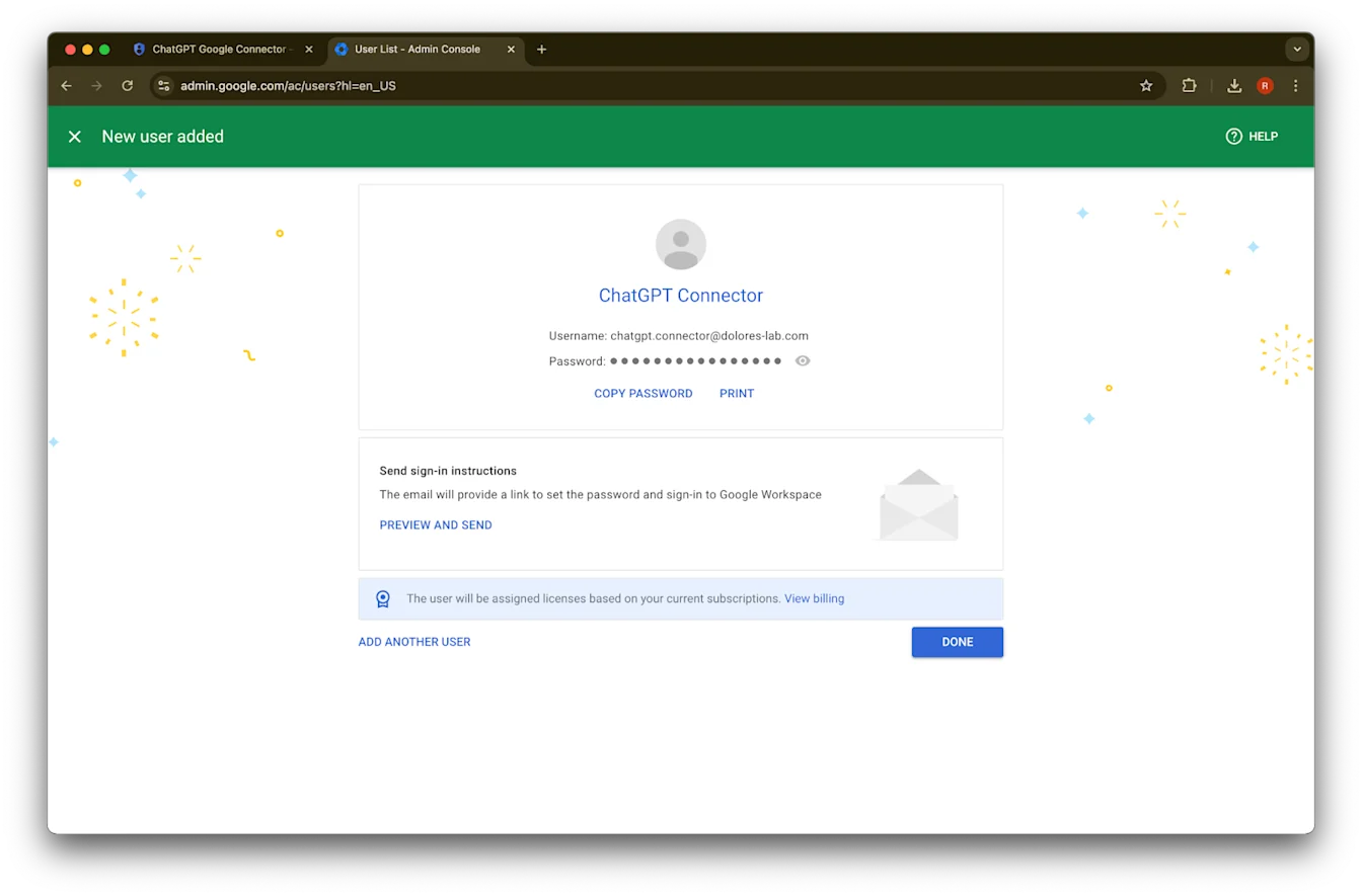 Google Admin Console New user added page for ChatGPT Connector with Copy Password and Done actions