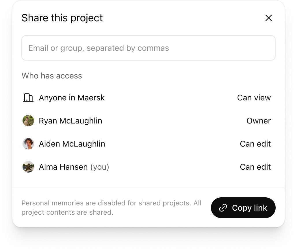 Share this project dialog listing project access and roles with a Copy link button
