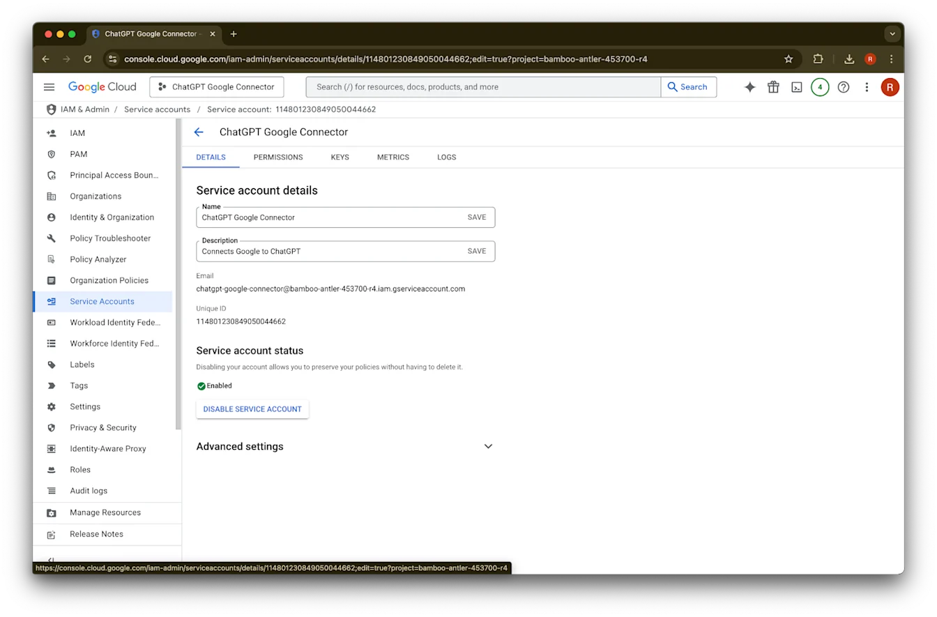 Google Cloud service account details for ChatGPT Google Connector with status Enabled