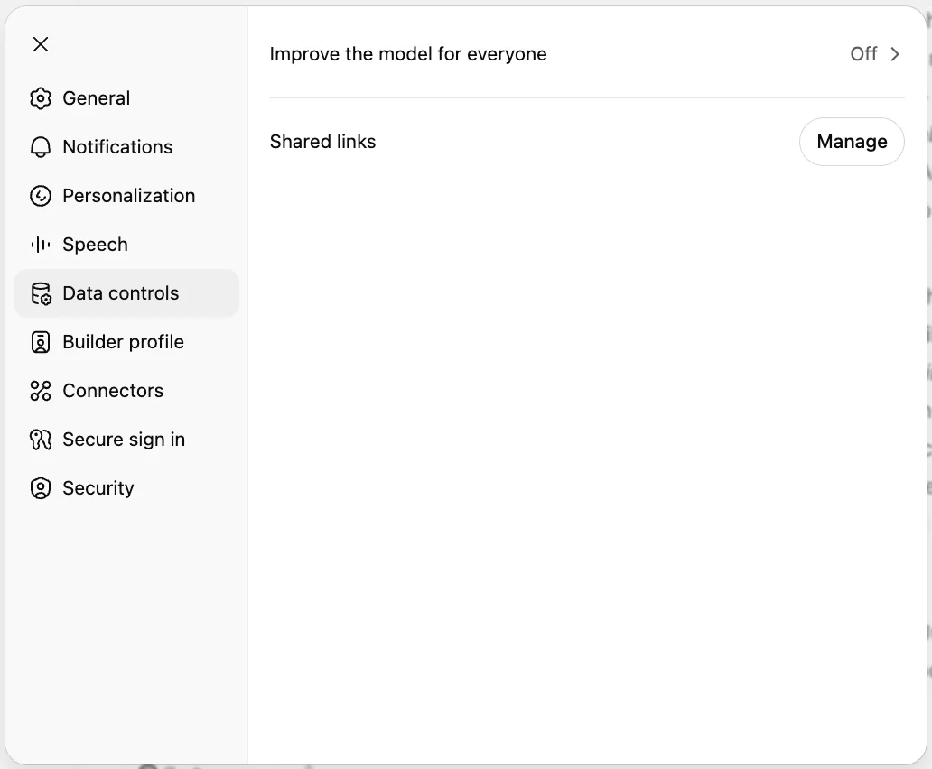 ChatGPT Settings Data controls page with Improve the model for everyone set to Off
