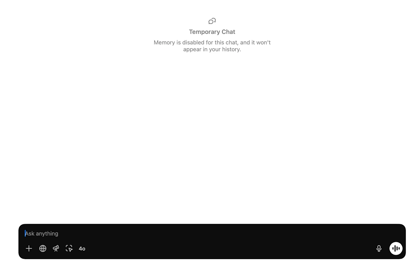 ChatGPT macOS Temporary Chat banner stating memory is disabled and the chat won't appear in history
