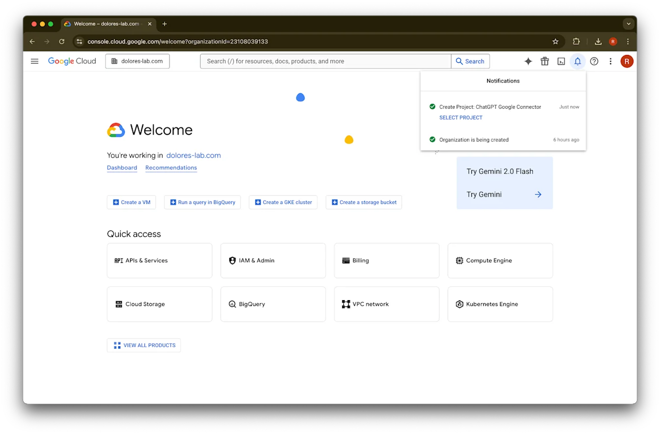 Google Cloud notifications confirm creation of the ChatGPT Google Connector project for dolores-lab.com