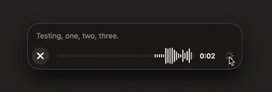 Voice recording bar with transcript preview, waveform, and 0:02 duration
