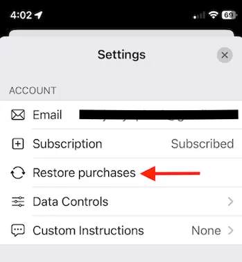 ChatGPT mobile Settings menu highlighting the Restore purchases option under Account