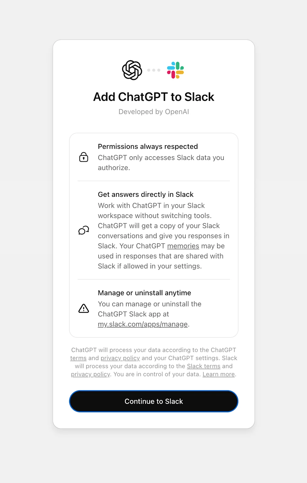 Add ChatGPT to Slack authorization page with a Continue to Slack button