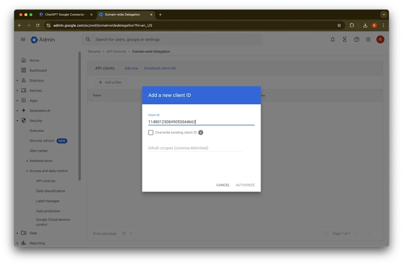 Google Admin Domain-wide Delegation dialog for adding a new client ID and OAuth scopes