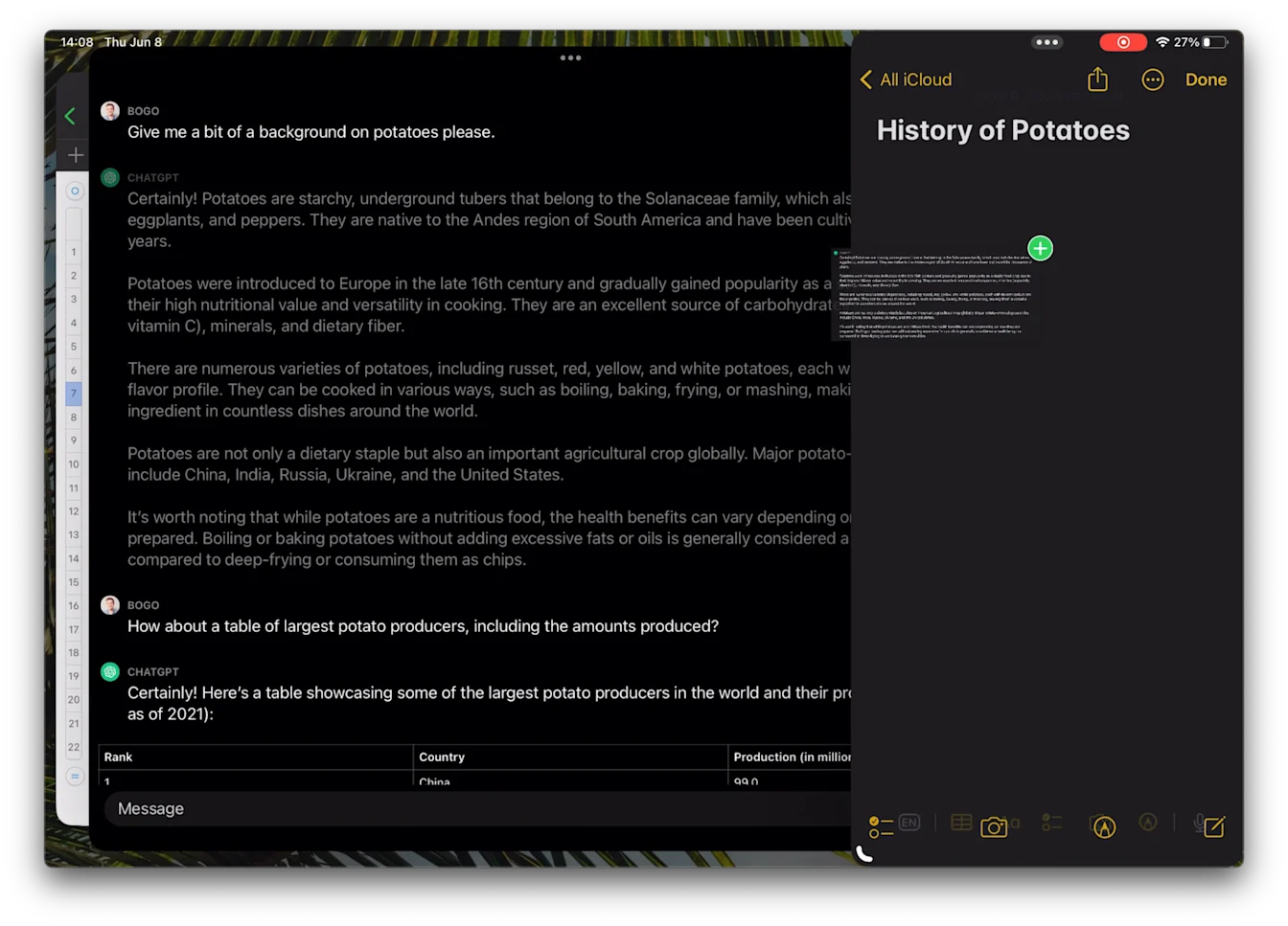 ChatGPT on iPad dragging a response into Apple Notes to create a note titled History of Potatoes