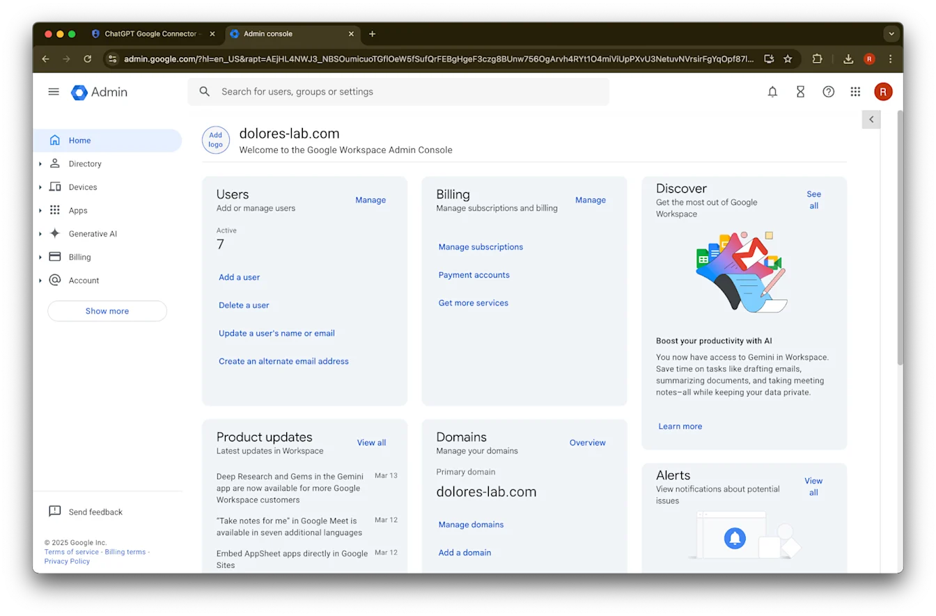 Google Workspace Admin console home page for dolores-lab.com