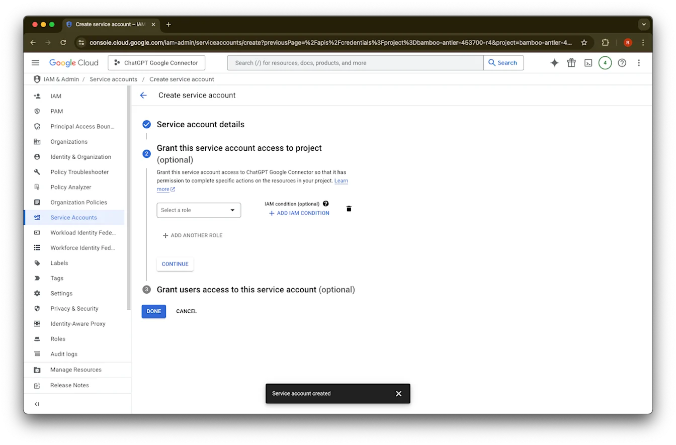 Google Cloud Create service account page with optional IAM role step and Service account created confirmation