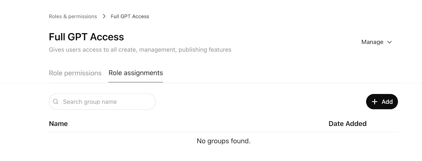 Full GPT Access role assignments tab with no groups found and an Add button