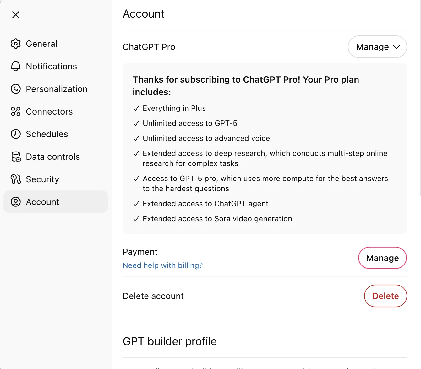 ChatGPT Account settings page showing ChatGPT Pro subscription with the Payment section Manage button circled
