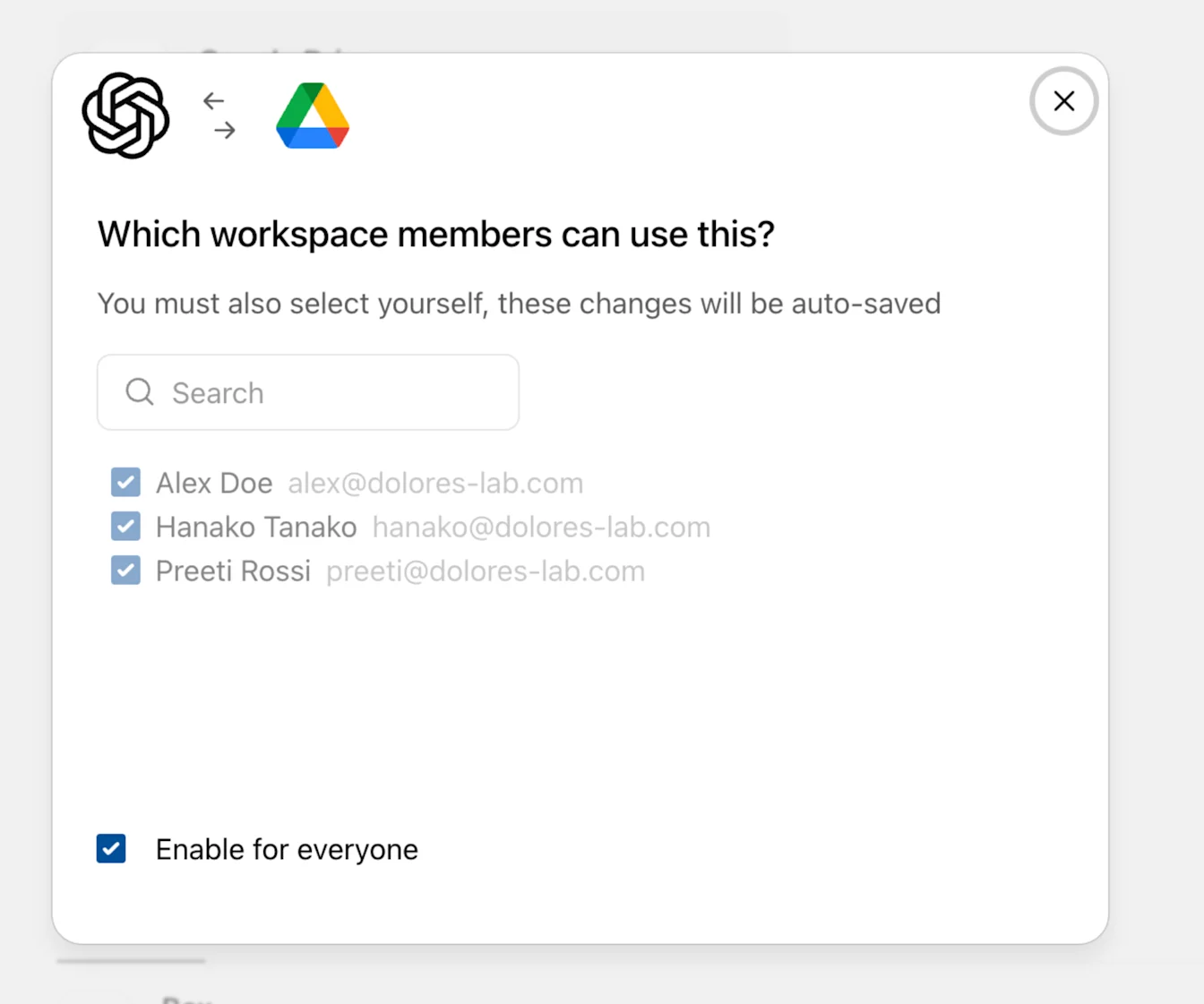 Google Drive app permissions dialog selecting workspace members and Enable for everyone