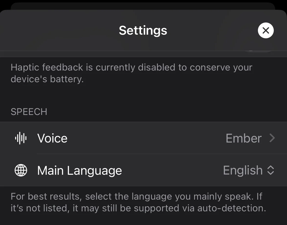 ChatGPT voice settings with Main Language set to English