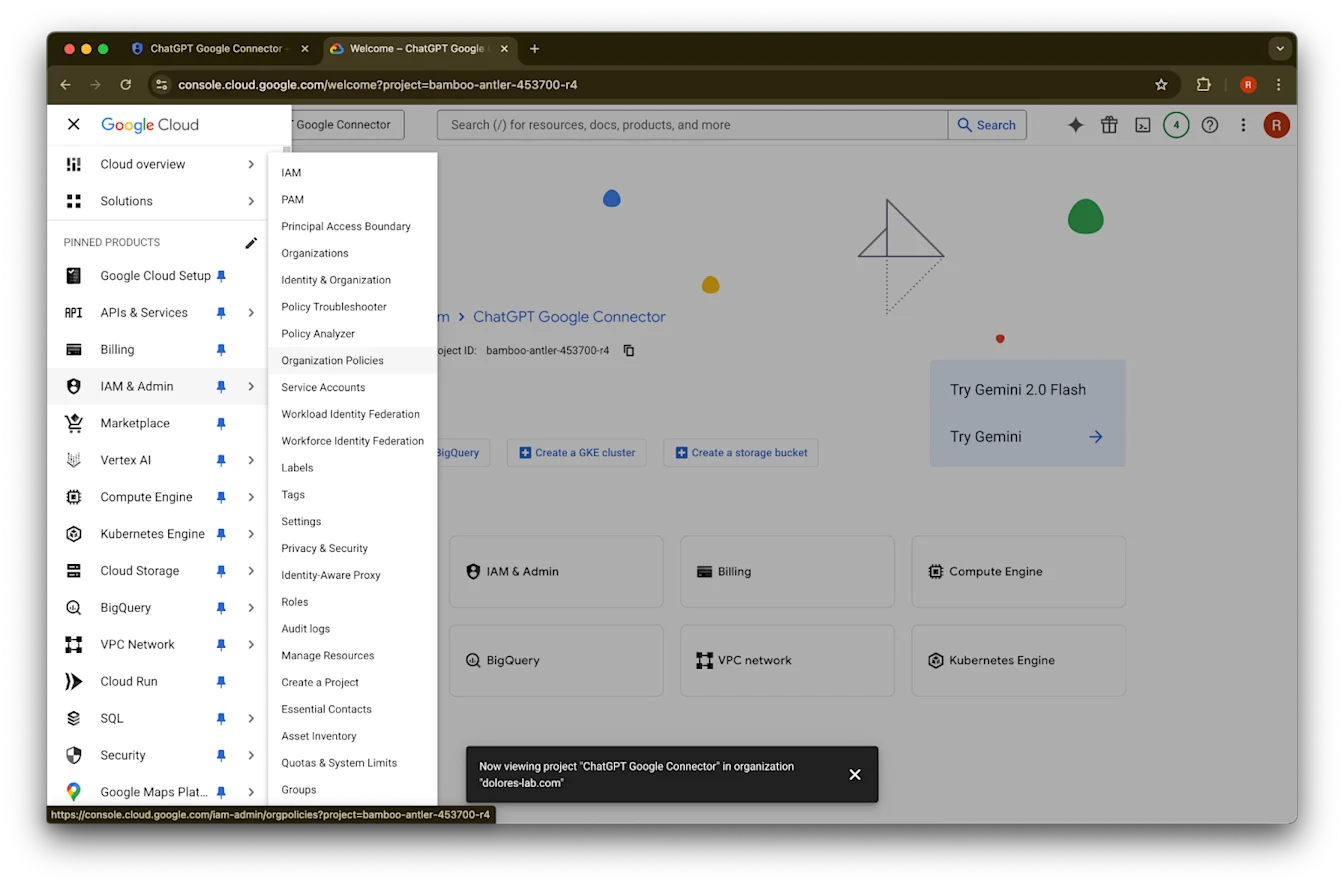Google Cloud Console IAM & Admin menu opened to Organization Policies