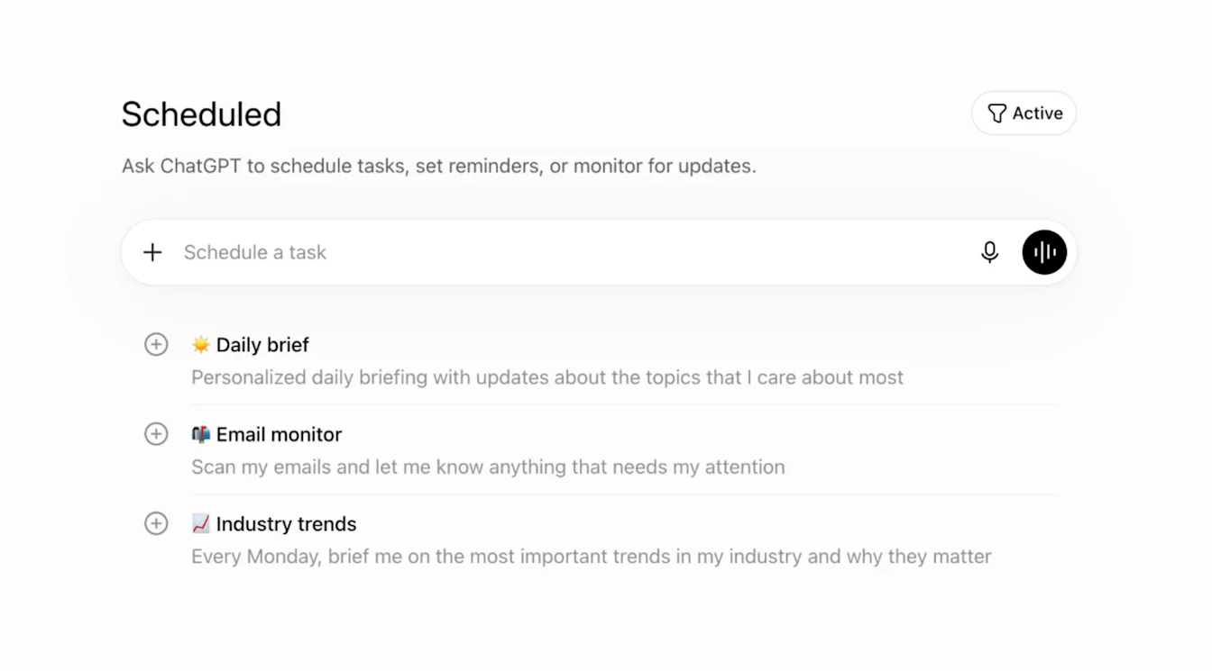 ChatGPT Tasks start screen with example task prompts and a Try your own option