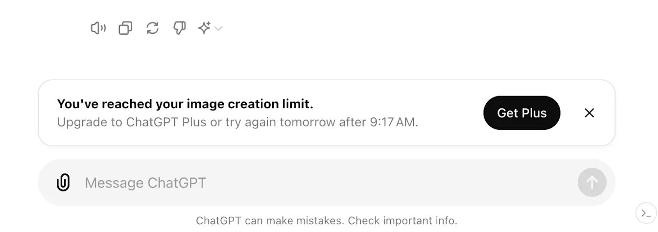 ChatGPT notice that the free image creation limit has been reached, with a Get Plus upgrade button
