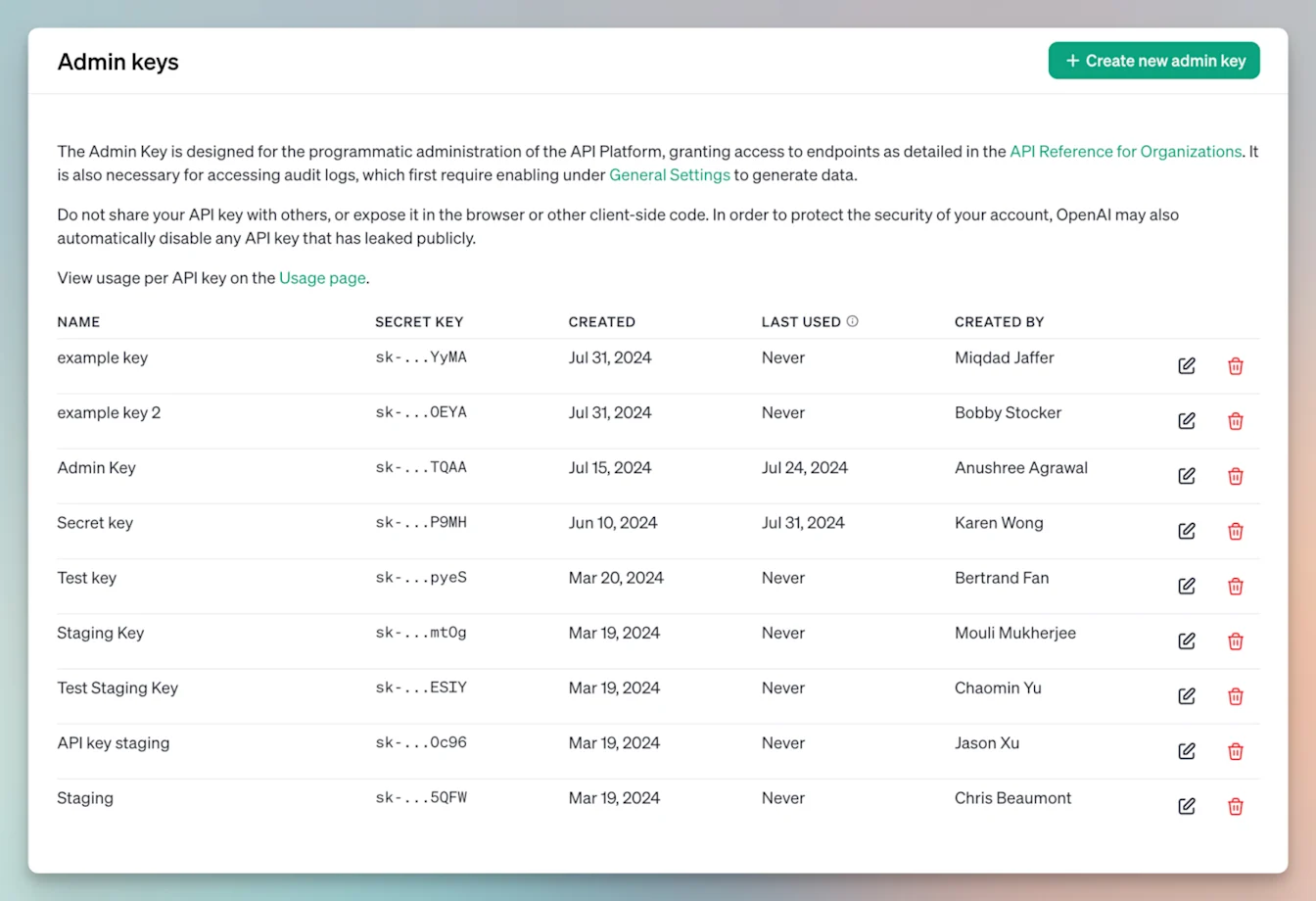 Admin keys page listing organization admin API keys with a Create new admin key button