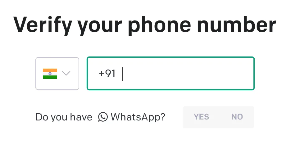 Phone verification form with India country code +91 and a WhatsApp yes or no prompt