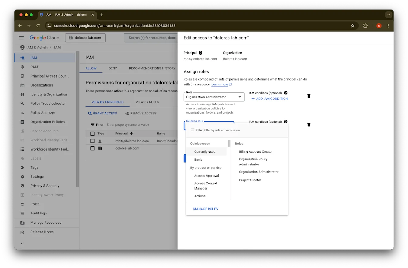 Google Cloud IAM edit access dialog assigning the Organization Administrator role to a user