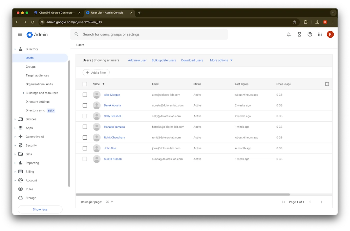 Google Admin console Users page listing workspace accounts for setup and management