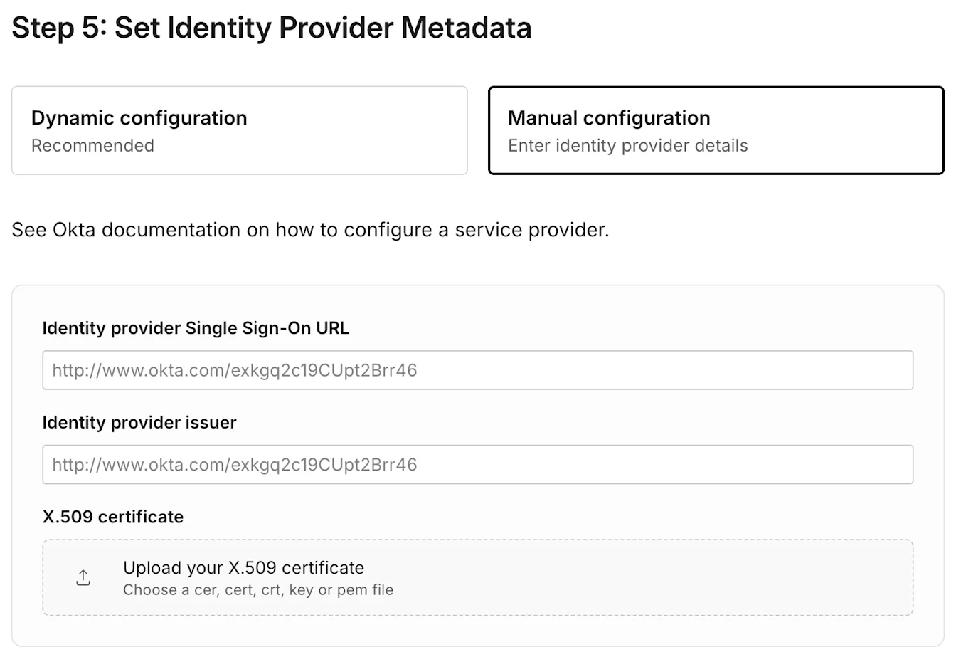 SSO setup step 5 with Manual configuration selected for entering identity provider metadata