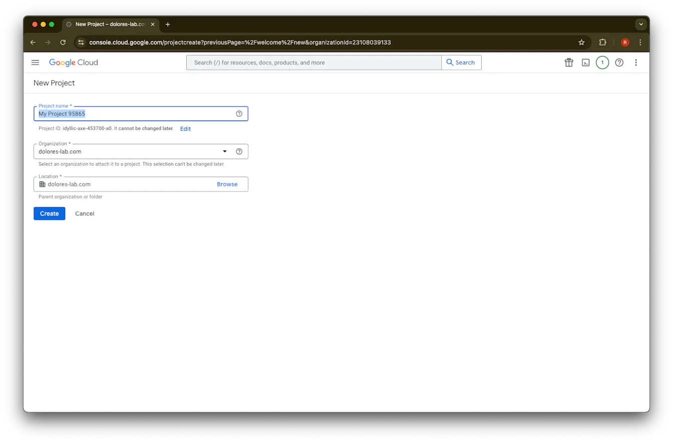 Google Cloud New Project form with organization dolores-lab.com selected and Create button available