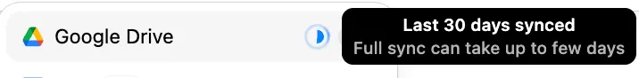 Google Drive sync toggle enabled with tooltip stating Last 30 days synced