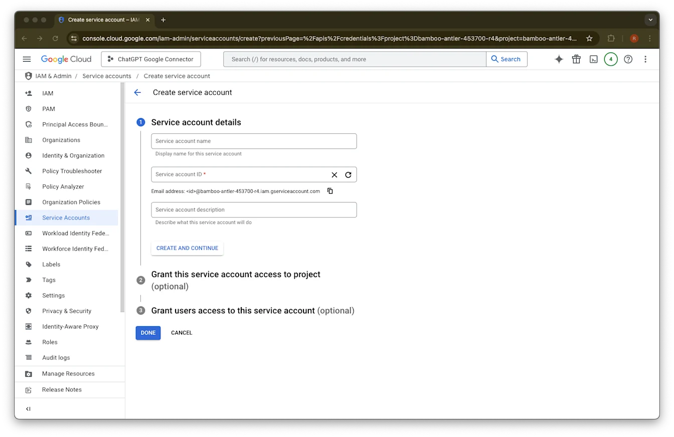 Google Cloud Create service account page with Service Accounts selected and service account details fields