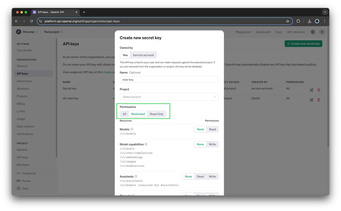 Create new secret key dialog in the API platform with Restricted permissions selected