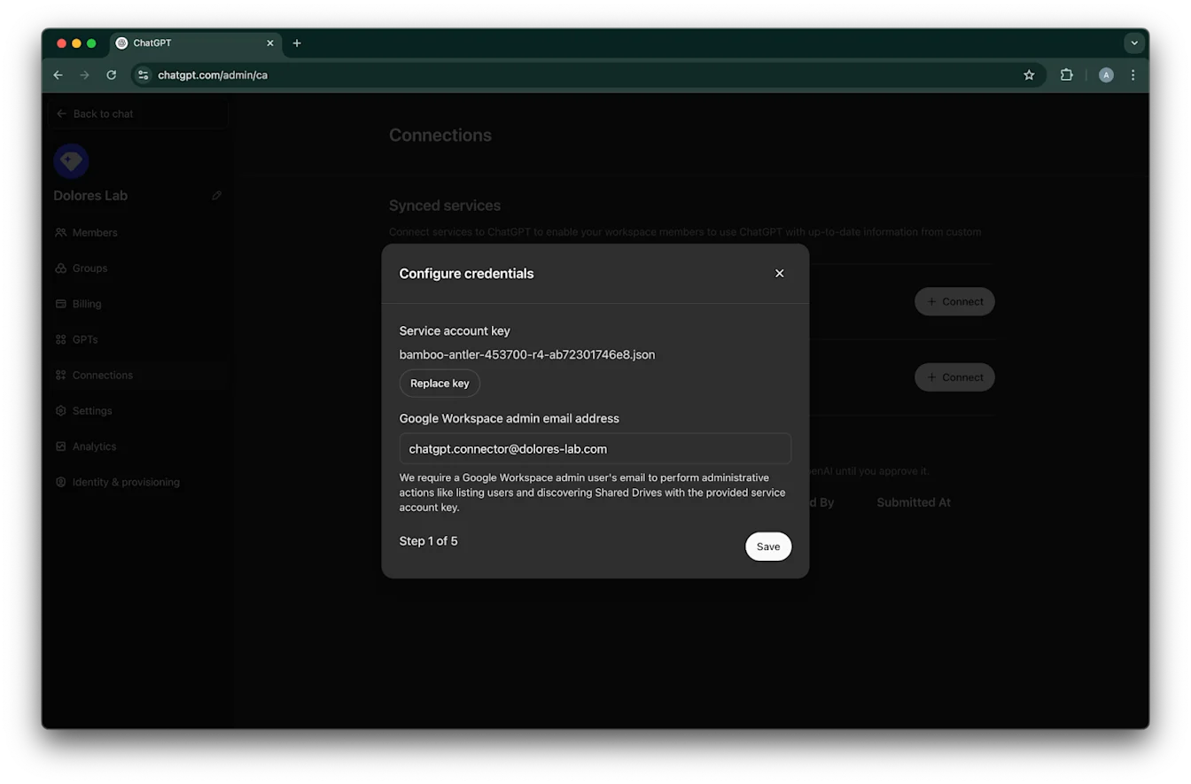 ChatGPT Connections credentials dialog with service account key and Google Workspace admin email entered