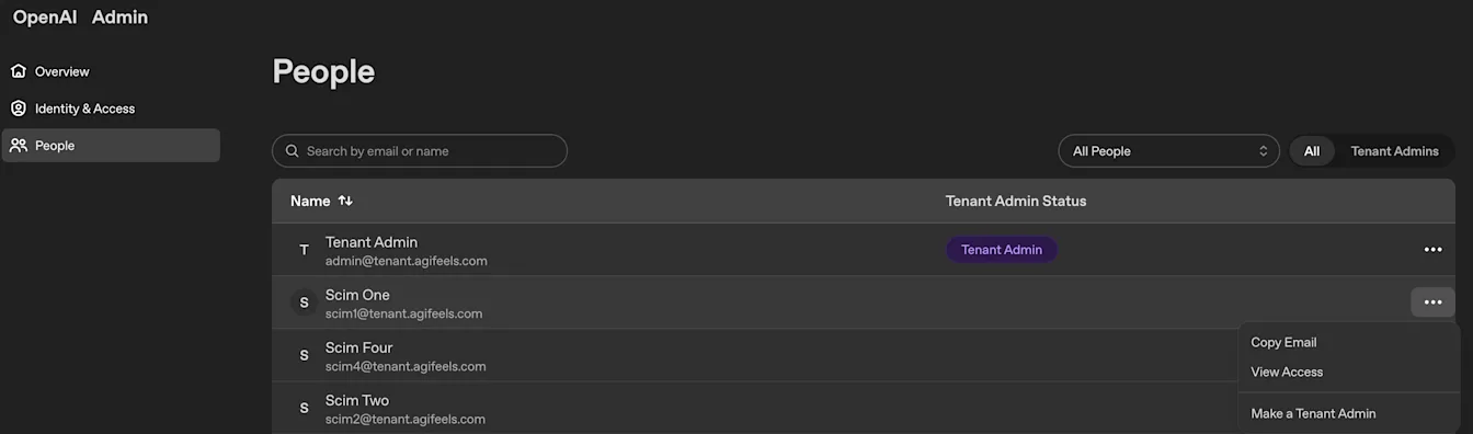 OpenAI Admin People page with a user actions menu open including Make a Tenant Admin